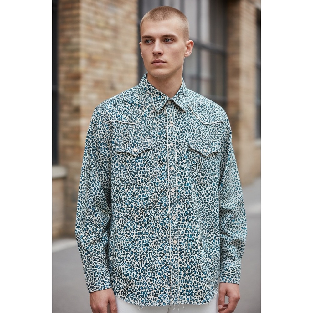 1073 Rock Roll-n-Soul Mens Blue Leopard Print Western Pearl Snap Shirt Small NWT